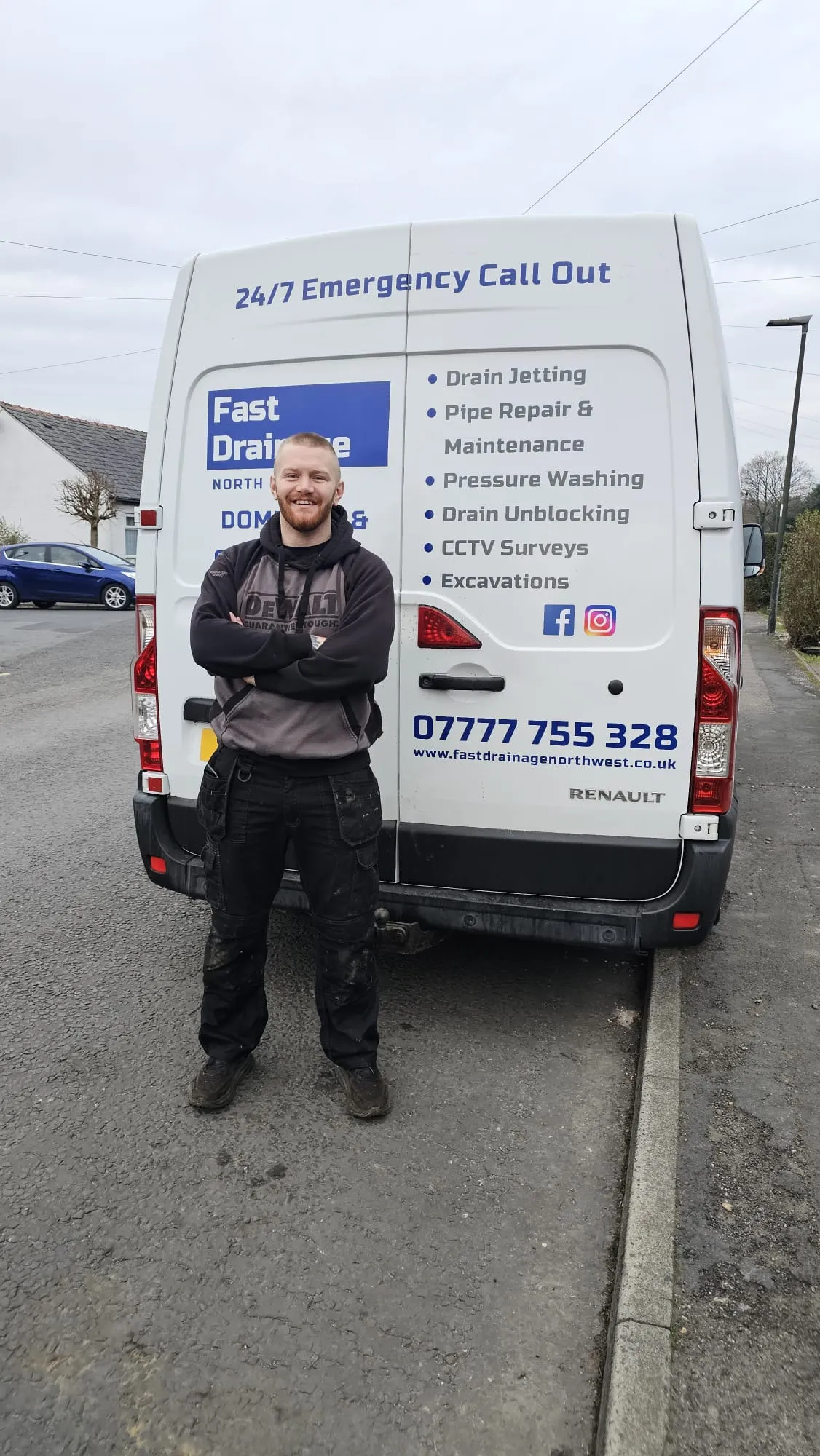 NorthFlow Drainage engineer with branded company van advertising 24/7 emergency drainage services